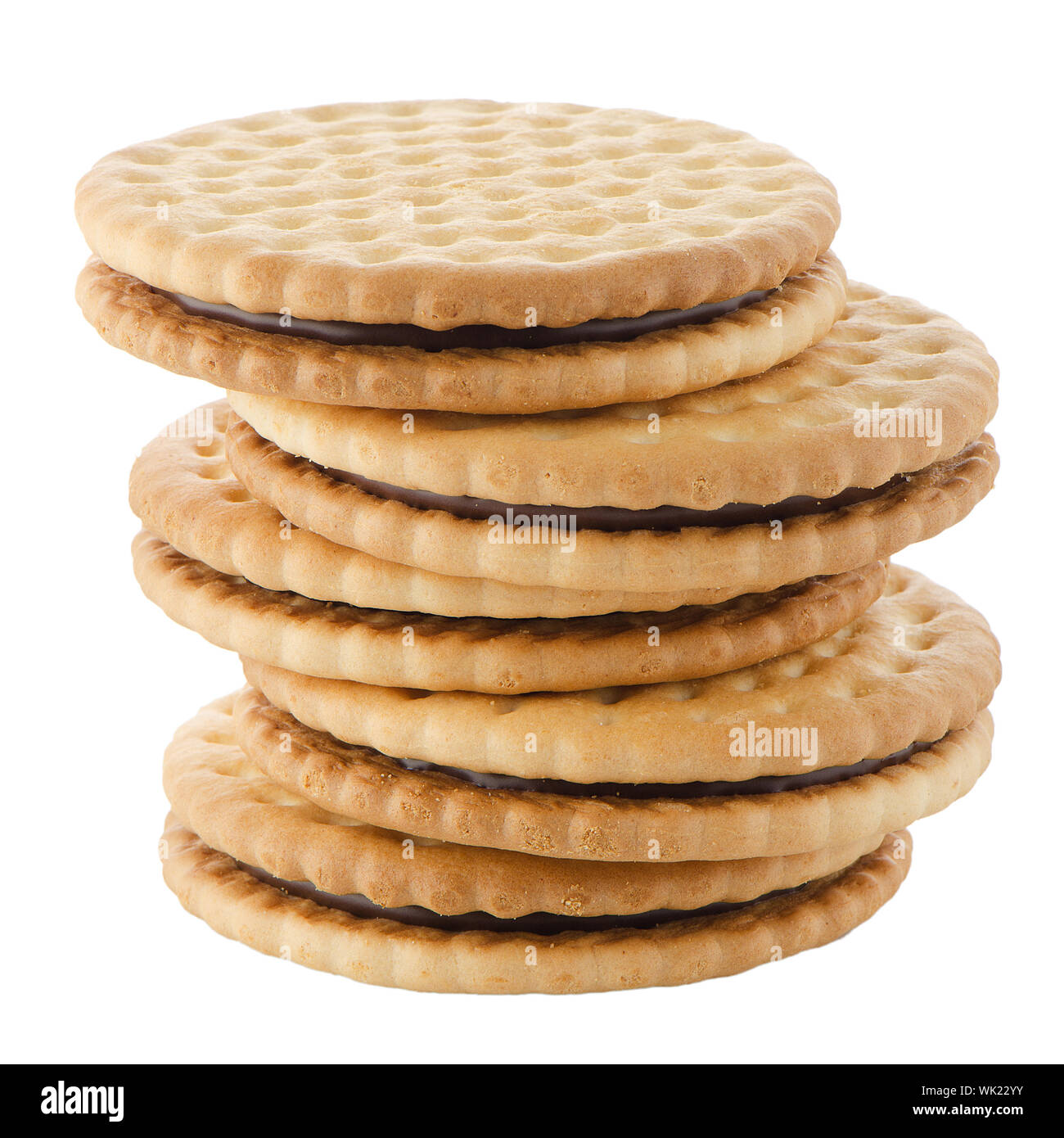 Sandwich biscuits with chocolate filling on a white background Stock