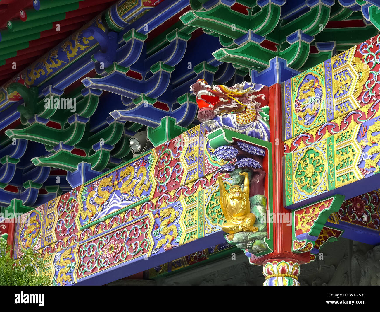 carved beam with dragon head at po lin monastery, hong kong Stock Photo