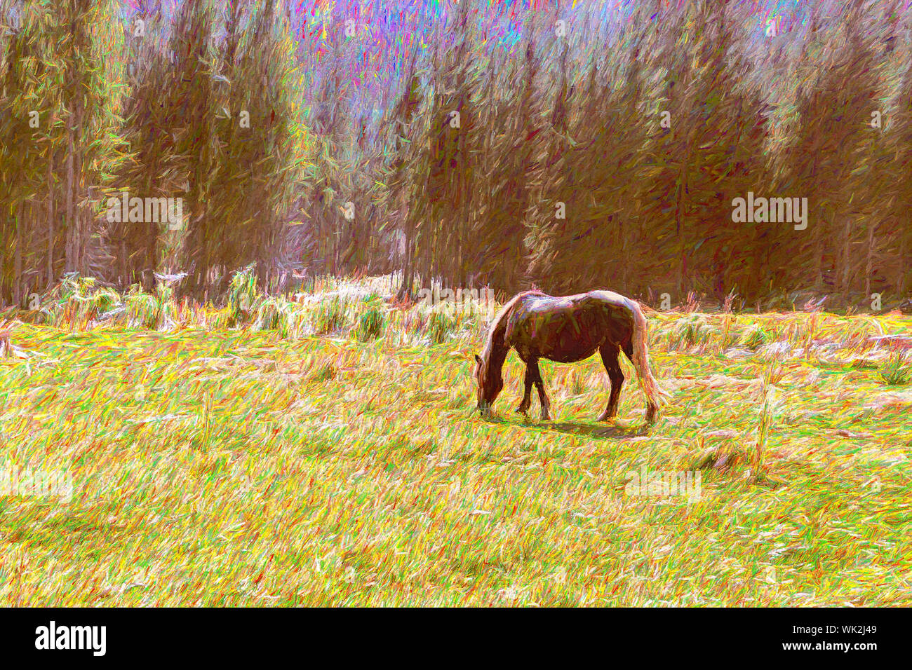 Free horse on a mountain meadow artwork painting, wildlife concept Stock Photo