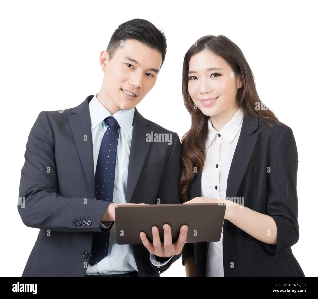 Discuss Potrait Business man and woman discuss, closeup portrait isolated on white ...