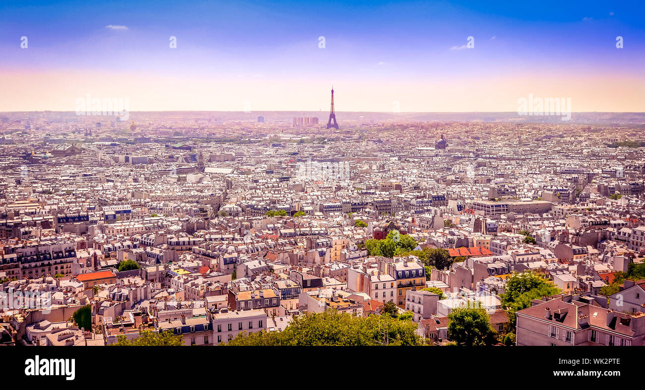 Panoramic View Of Paris From Sacre Coeur At Montmartre In Dreamy Panoramic View Of Paris From Sacre Coeur At Montmartre In Dreamy