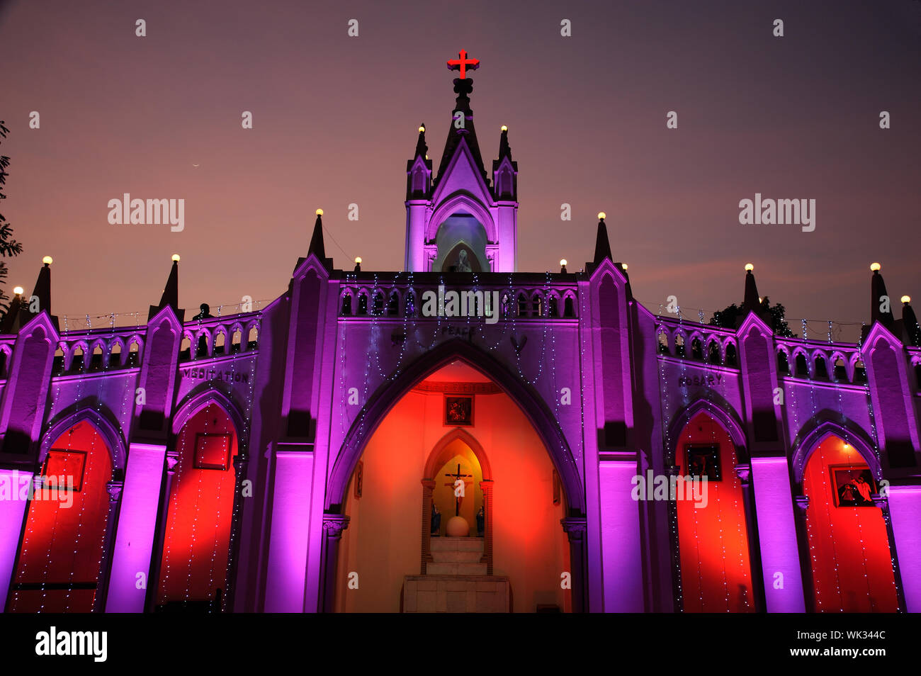 Mumbai, Maharashtra, India, Southeast Asia - Christmas Day; Light Illuminated on Mount Mary Church, is a Roman Catholic Basilica located in Bandra. Stock Photo