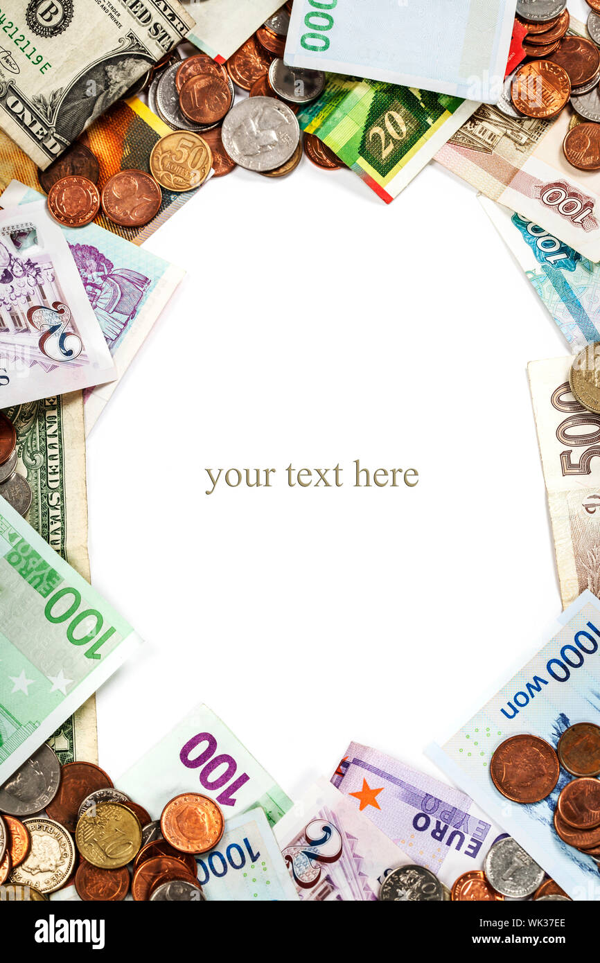 Foreign coins and banknotes frame. Money background Stock Photo - Alamy