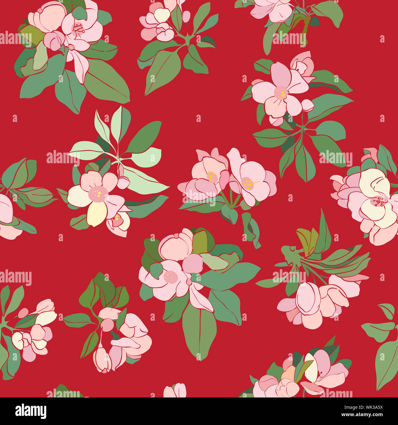 Apple Tree Cartoon Flowers Decorative Pattern Spring Hand Drawn Illustration Over A Red Background Stock Photo Alamy