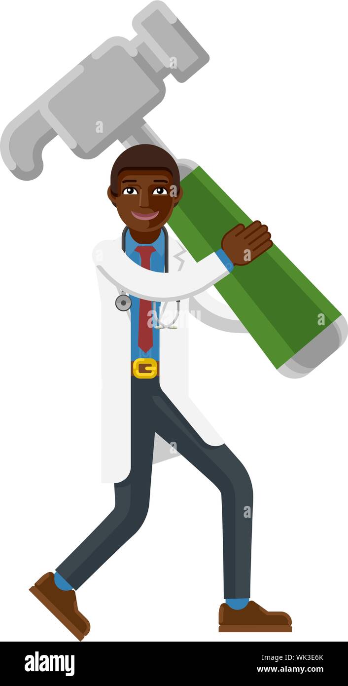 Black Doctor Man Holding Hammer Mascot Concept Stock Vector