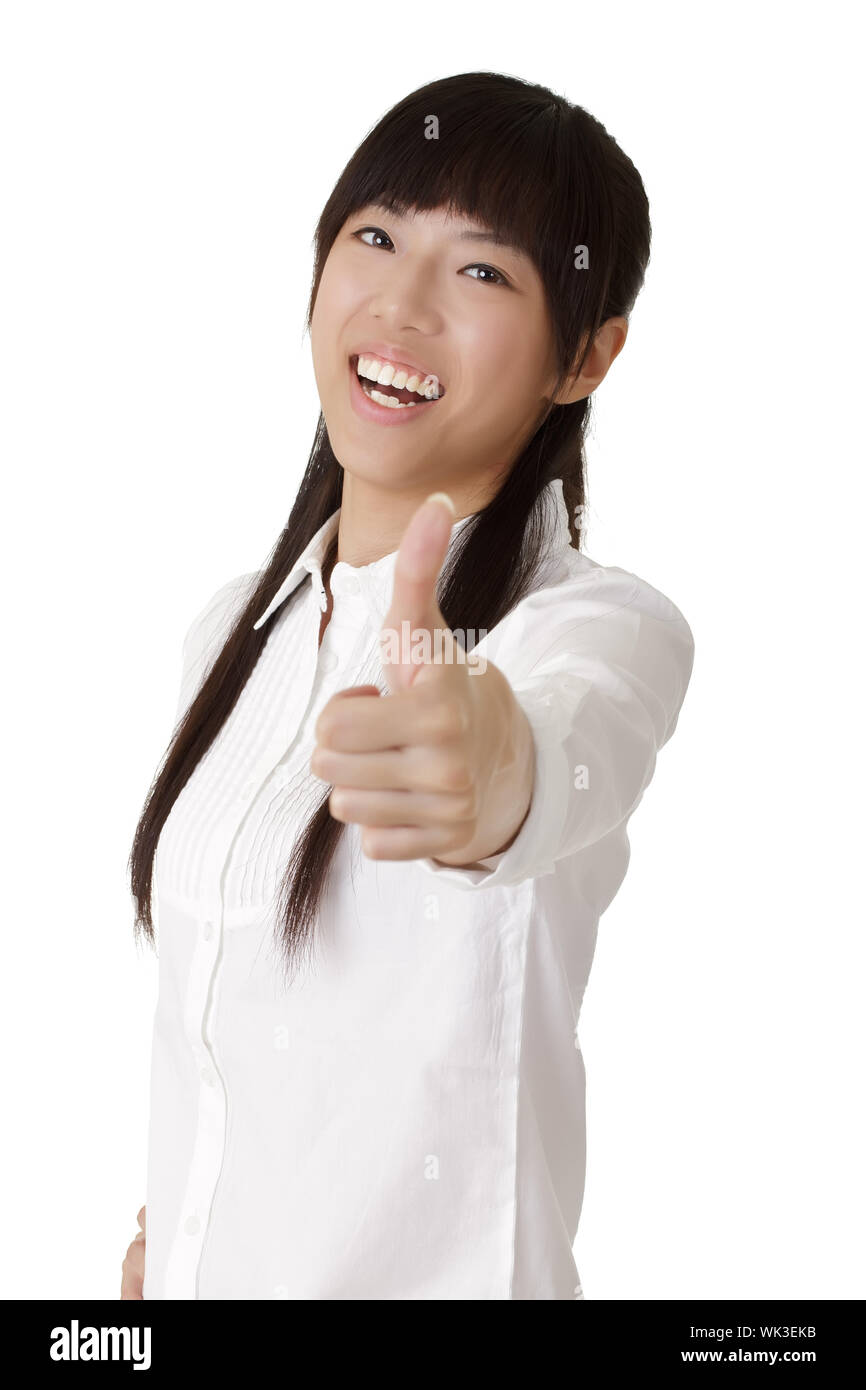 Happy smiling business woman give you excellent gesture over white background. Stock Photo
