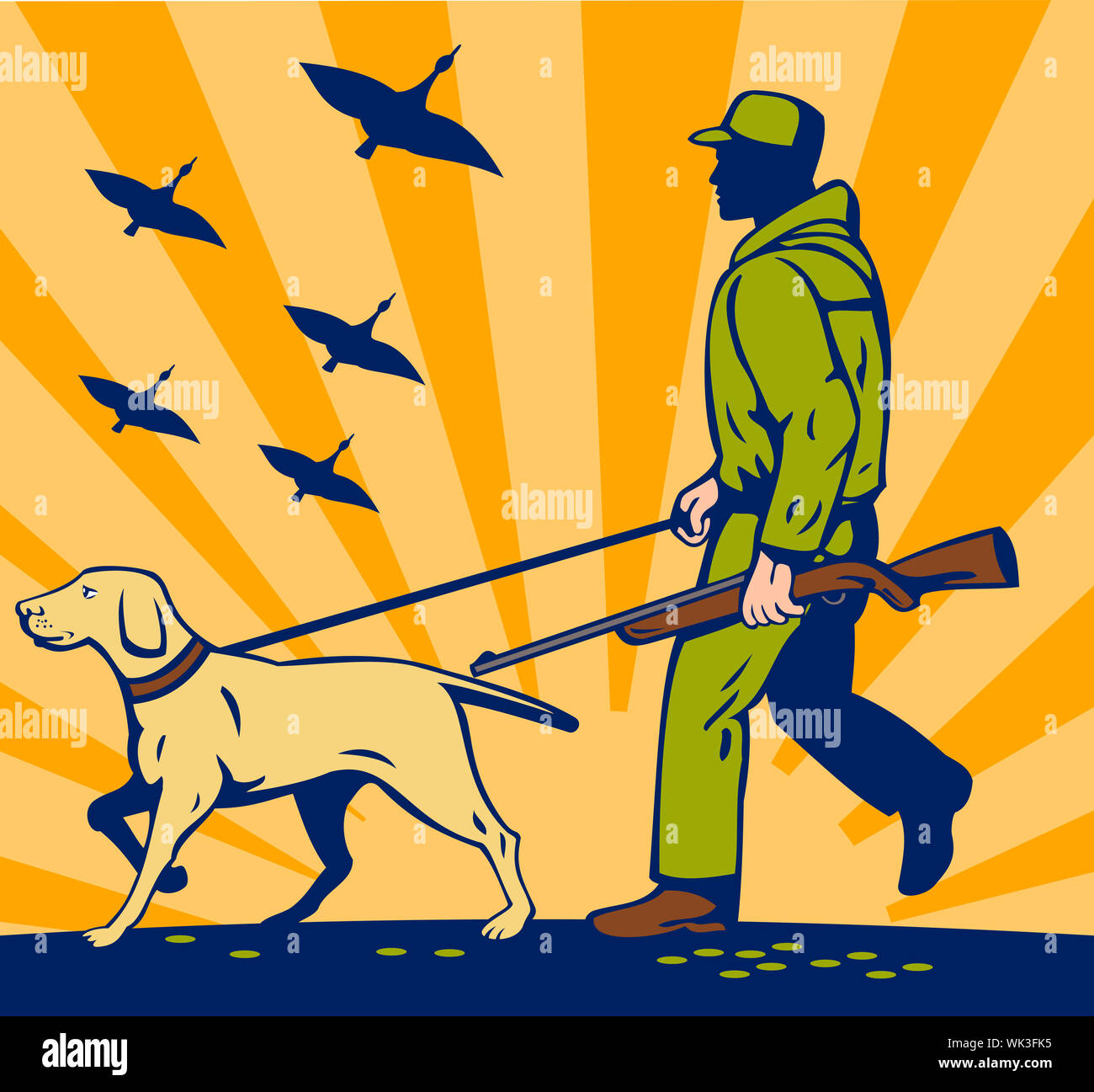 illustration of a Hunter with rifle walking with trained hunting gun