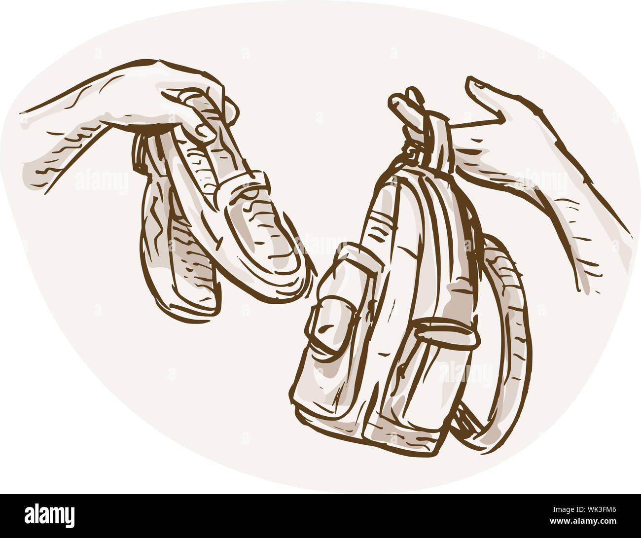 hand drawn sketched illustration of Hands Barter trading or swapping shoes and backpack or bag. Stock Photo