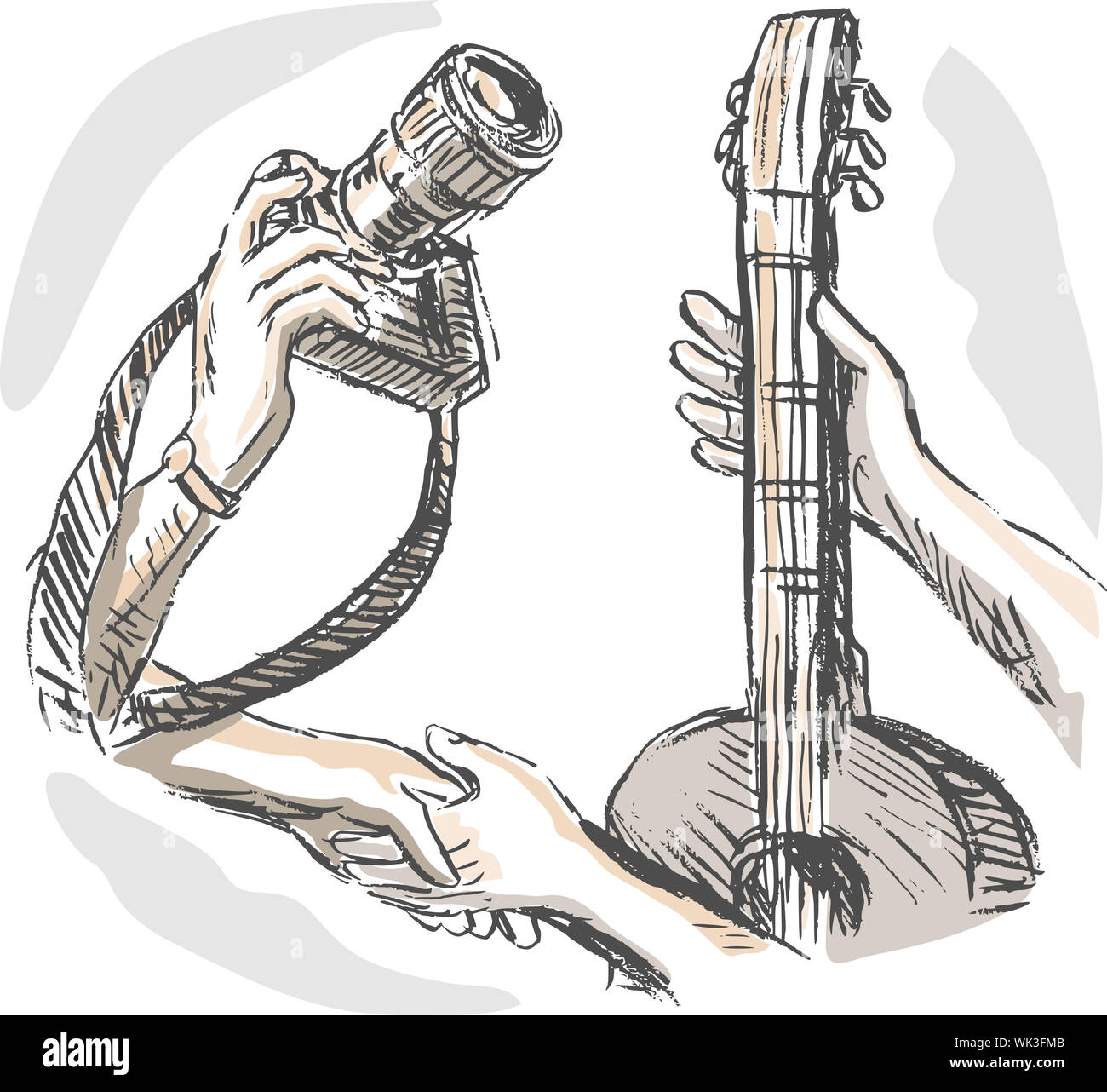 hand sketched illustration of Barter swapping hands with camera and guitar Stock Photo
