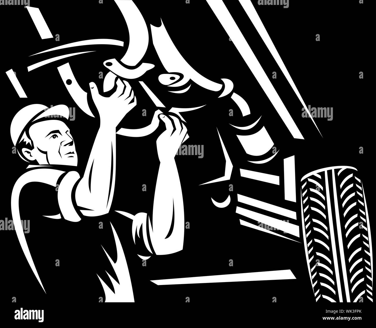 illustration of a car mechanic working underneath a car done in black