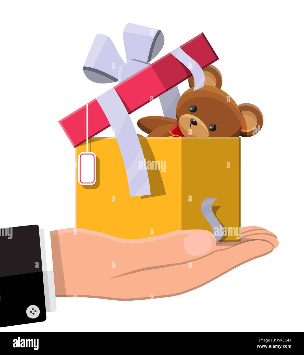 Teddy bear inside gift box. Bear plush toy. Teddybear icon. Christmas or new year gift. Children donation. Vector illustration in flat style Stock Vector