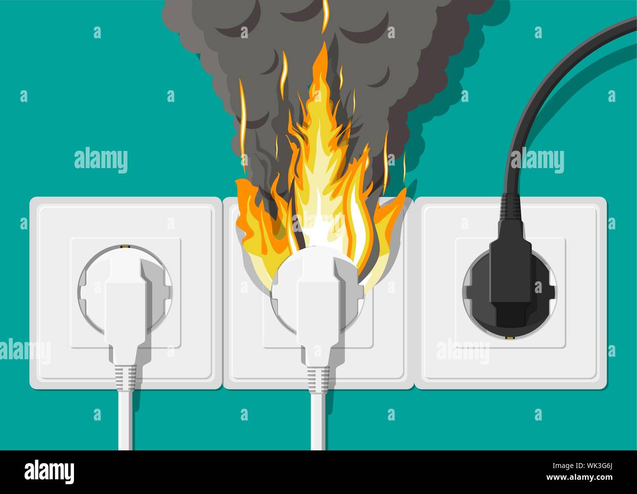 Electrical outlet with plug on fire. Overload of network. Short circuit