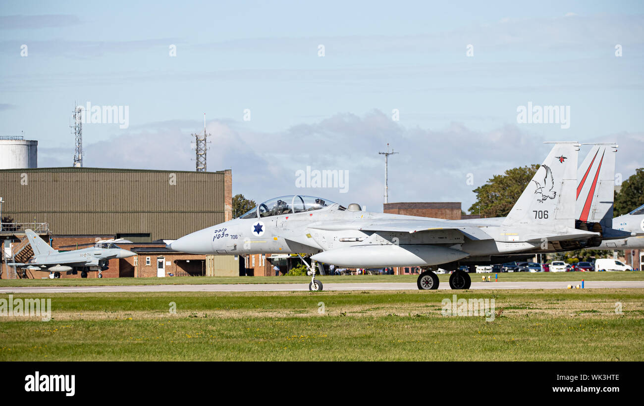 Israeli Air Force F15s at RAF Waddington, Lincolnshire, UK. Taking part in Exercise Cobra Warrior 2019. Stock Photo