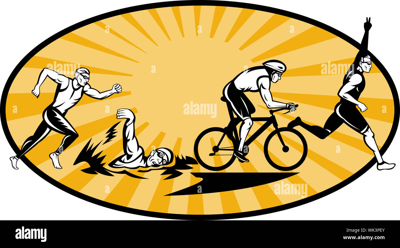 illustration showing the progression of Olympic triathlon showing an athlete starting, swimming, biking or cycling and finishing of with  a run. Stock Photo