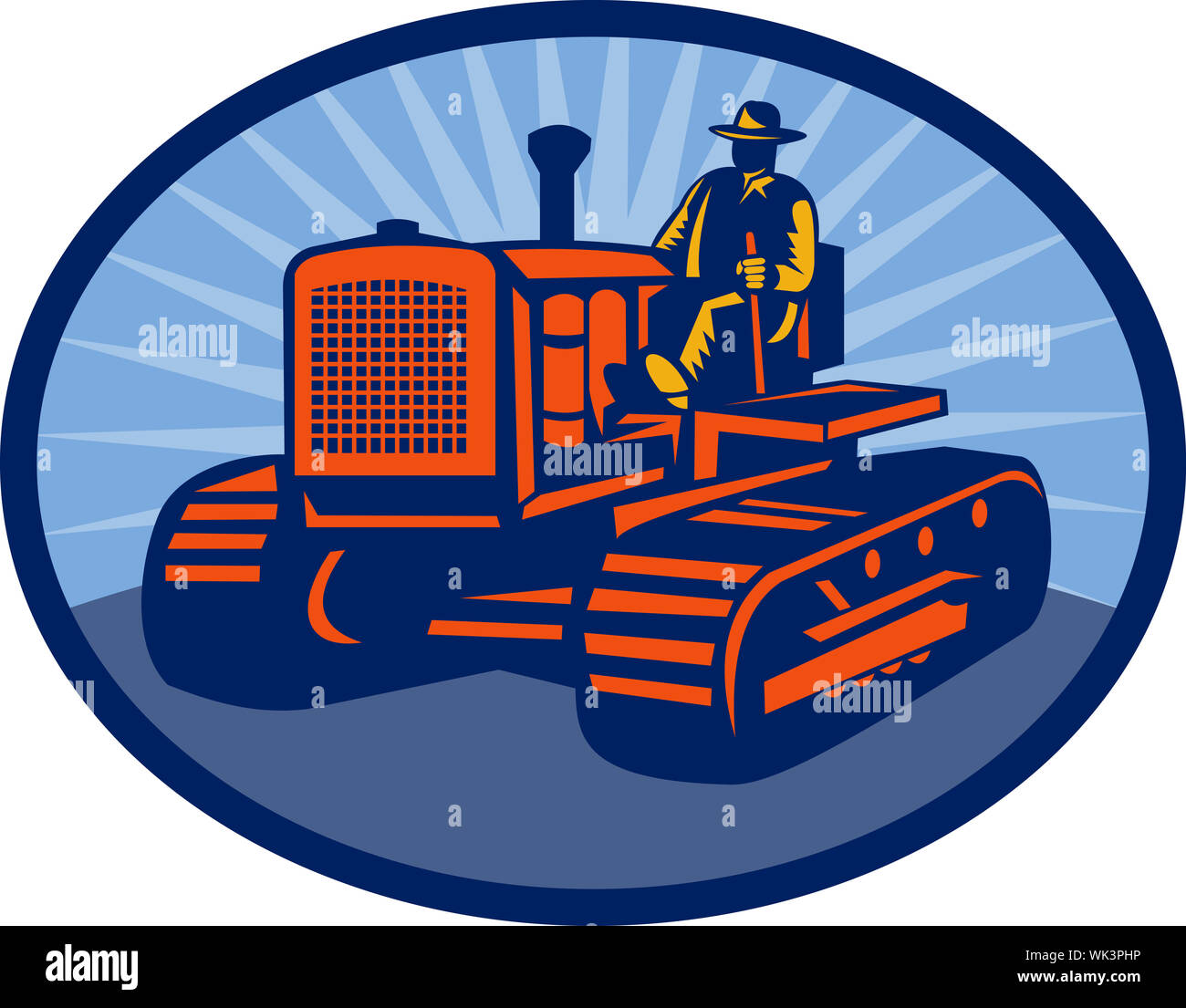 illustration of a Farmer driving vintage tractor set inside an oval ...