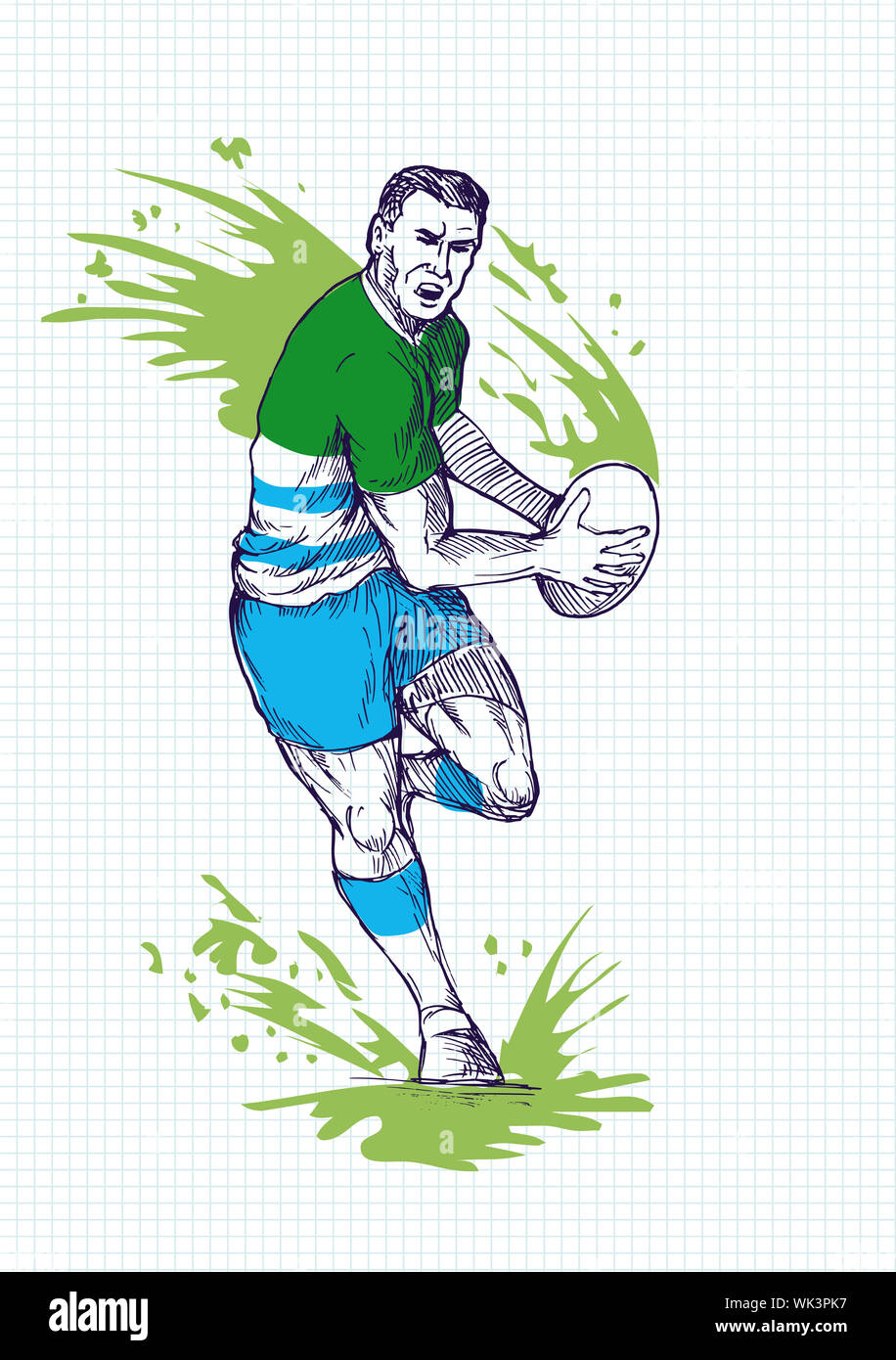 illustration of a hand sketch Rugby player running and passing ball ...