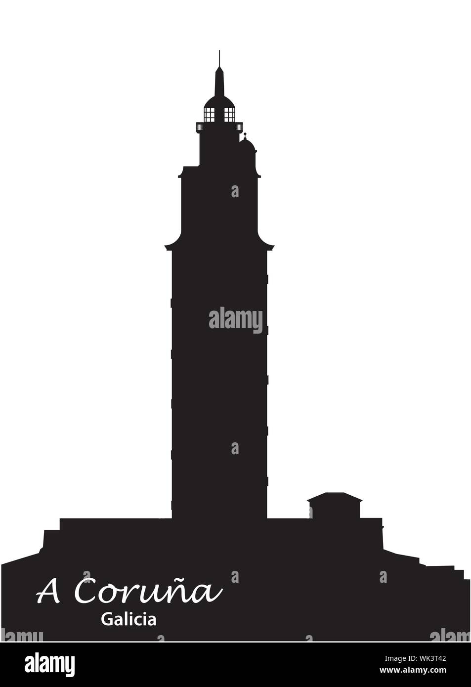 black and white silhouette Tower of Hercules in A Coruna Galicia Spain Stock Vector