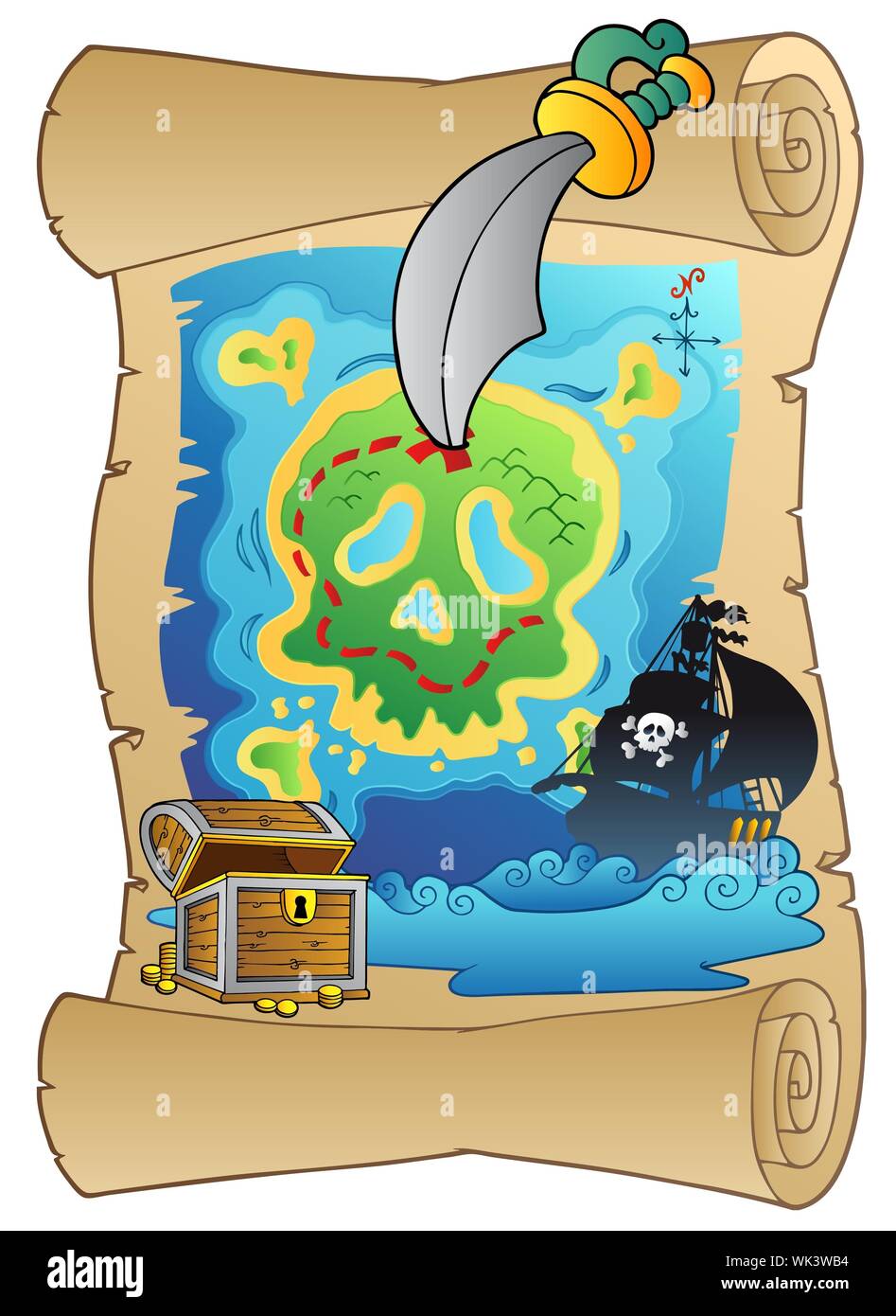 Old scroll with pirate map - vector illustration Stock Photo - Alamy