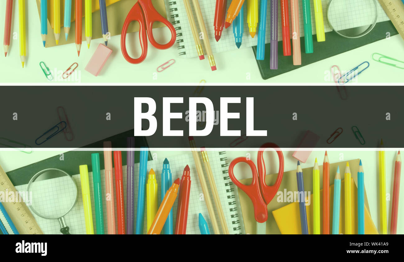 Bedel with School supplies on blackboard Background. Bedel text on blackboard with school items and elements. Back to School and Bedel Education Conce Stock Photo