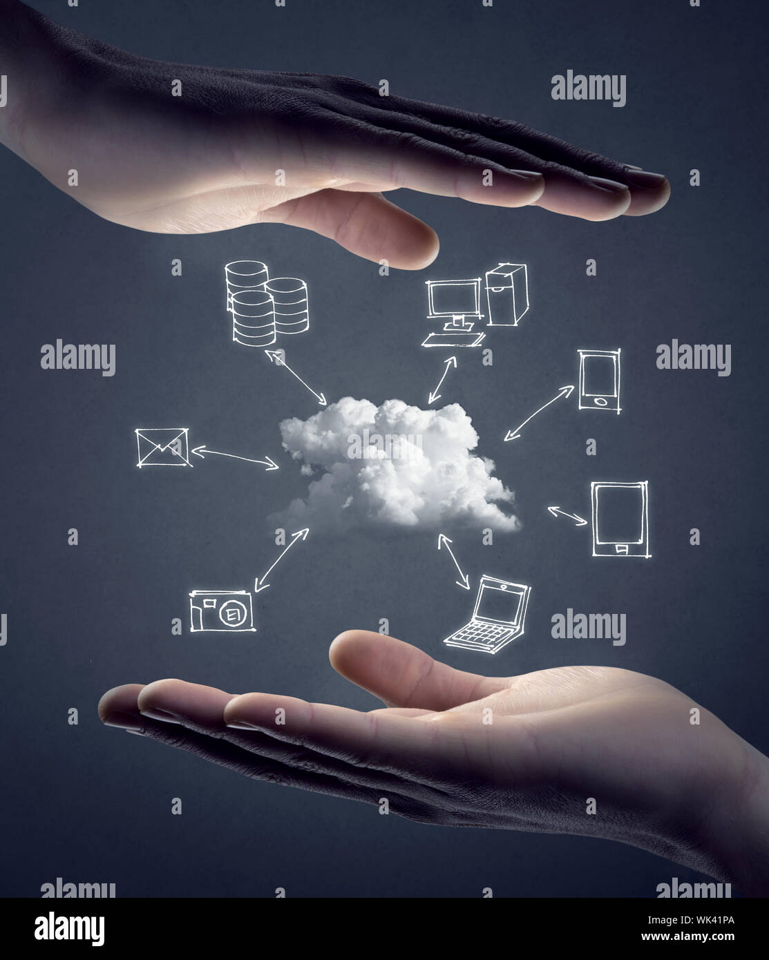 Hand drawn technology and computer icons around cloud with hands on gray background, cloud computing concept. Stock Photo