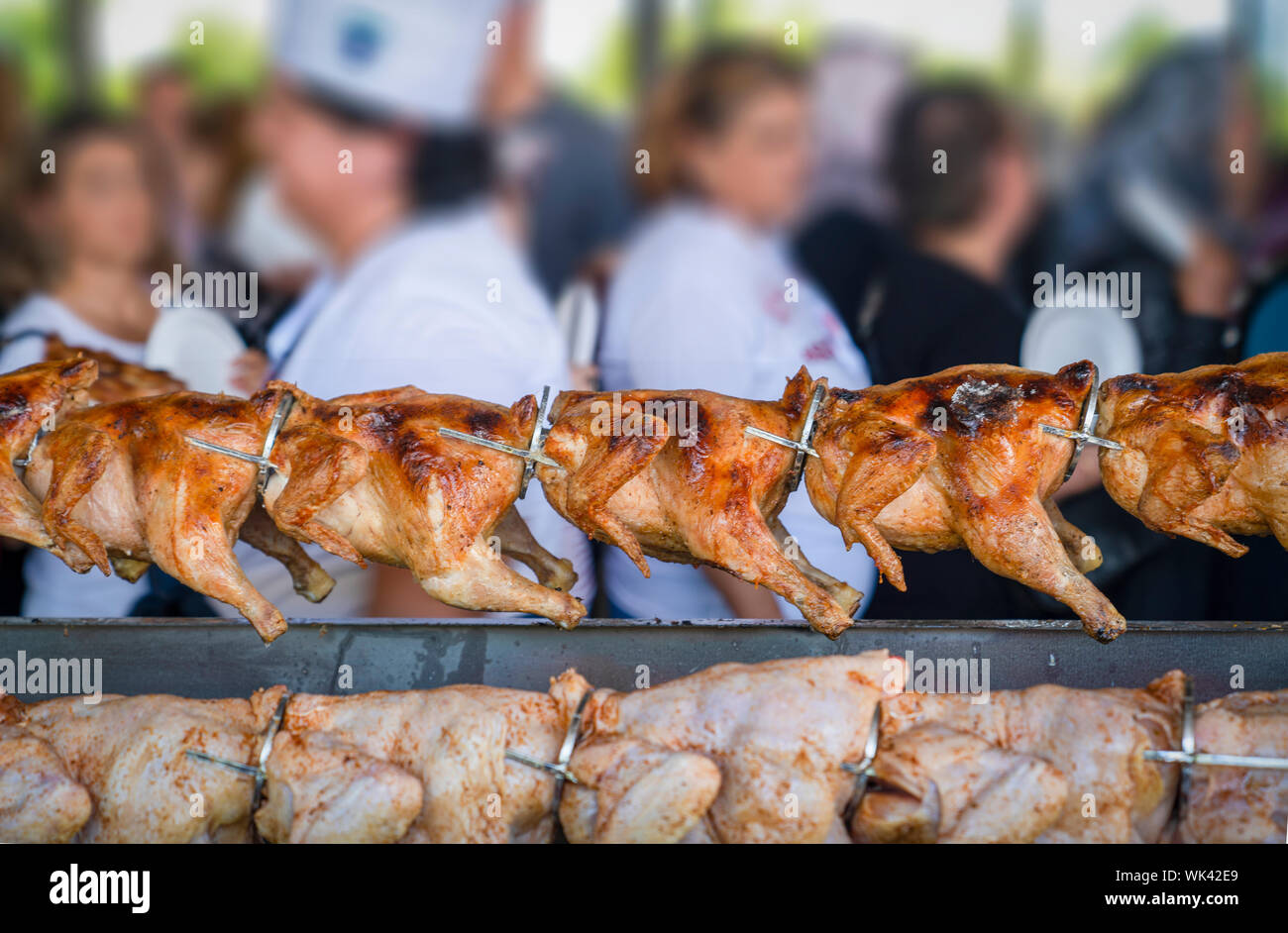Many roasted chickens in a row in culinary and tourism Festival in Mengen, Bolu, Turkey. Stock Photo