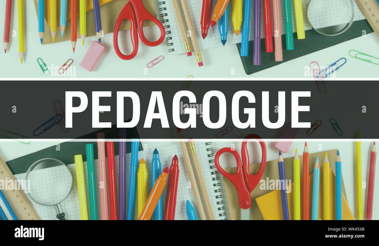 pedagogue with School supplies on blackboard Background. pedagogue text on blackboard with school items and elements. Back to School and pedagogue Edu Stock Photo