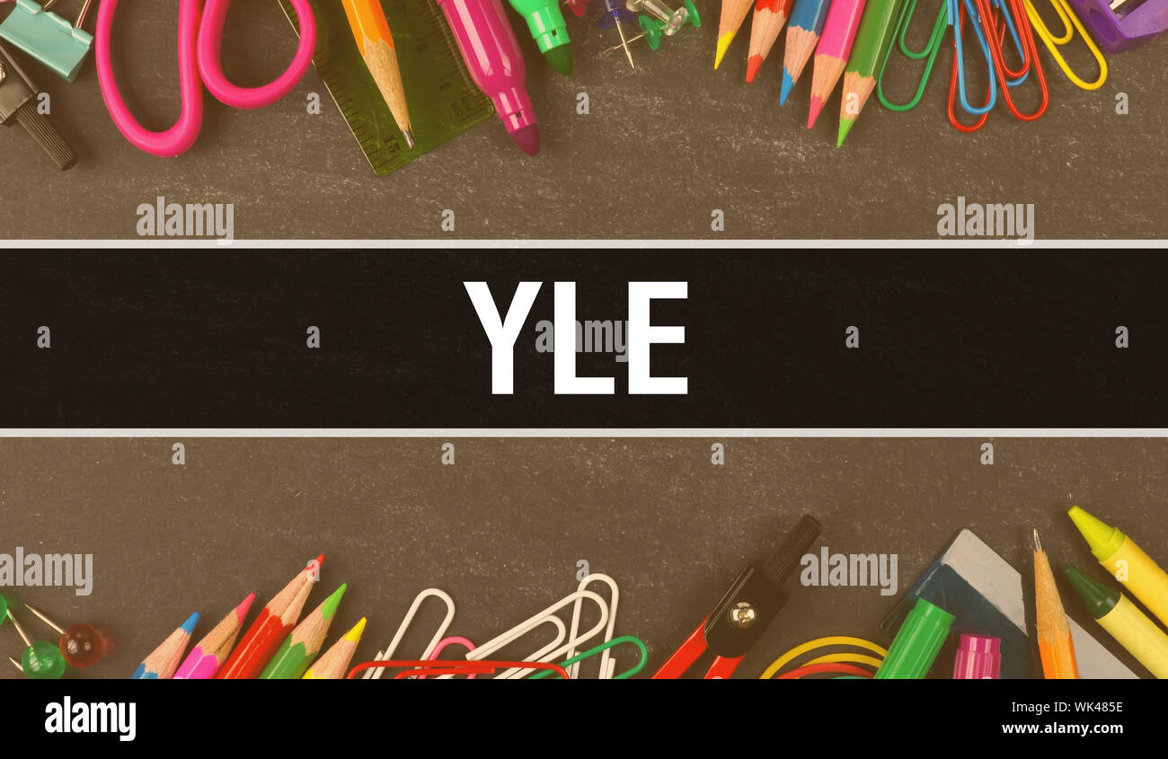 YLE text written on Education background of Back to School concept. YLE concept banner on Education sketch with school supplies. YLE with Pencils over Stock Photo