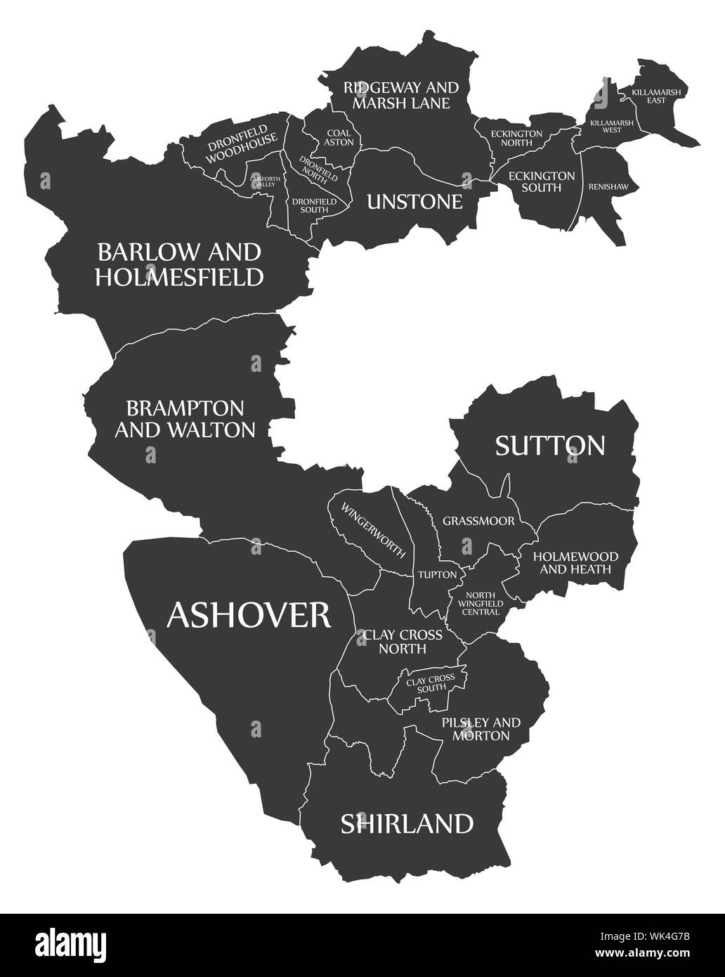 Wards map of North East Derbyshire district in East Midlands England UK