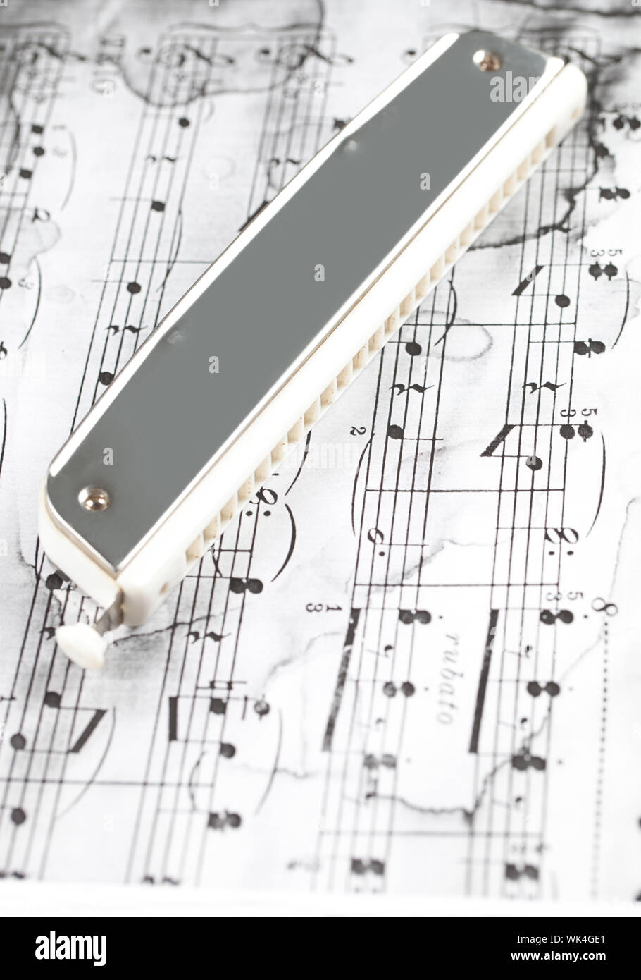 Close up of a mouth harmonica on sheet music Stock Photo