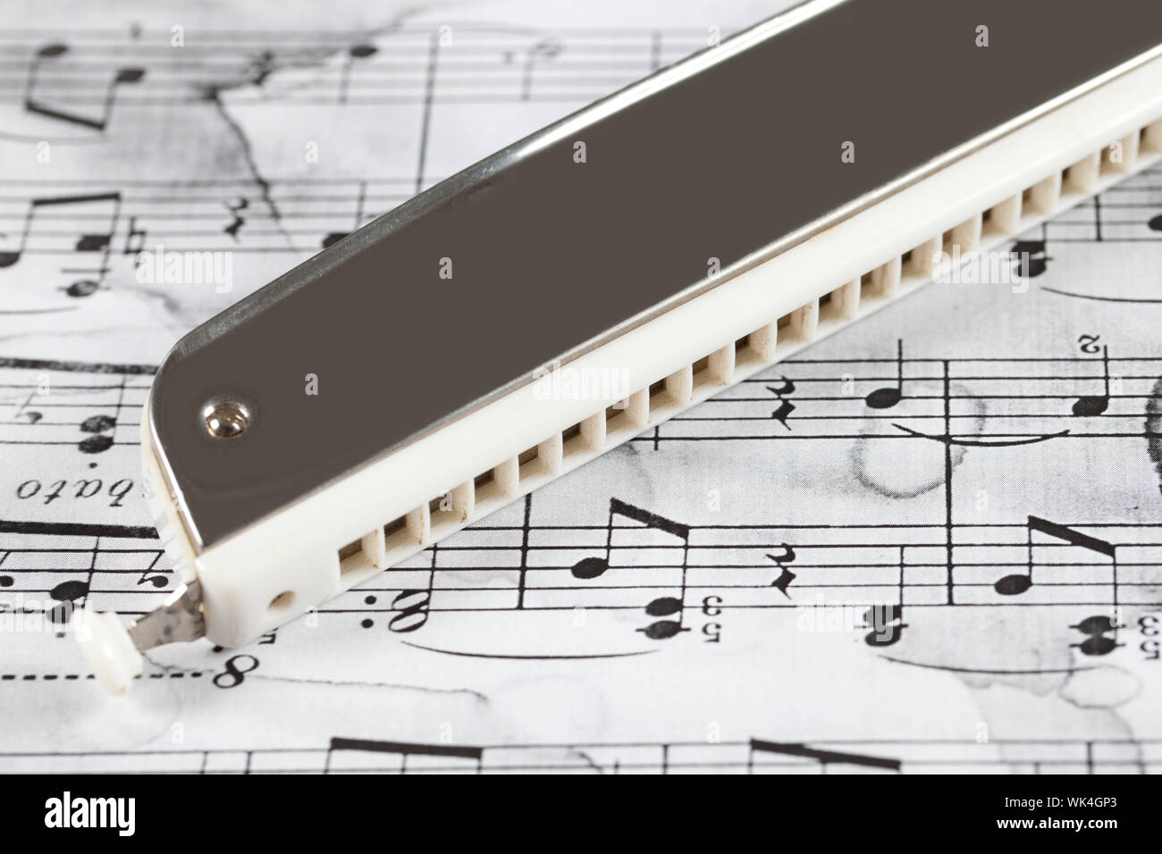 Close up of a mouth harmonica on sheet music Stock Photo - Alamy