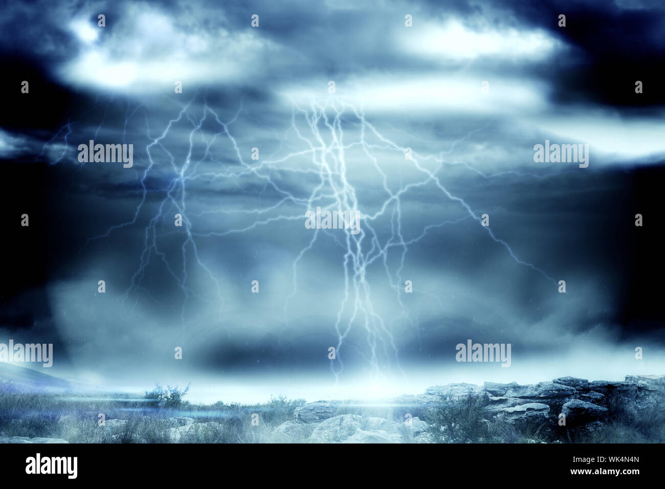 Digitally generated stormy dark sky with lightning bolts Stock Photo ...