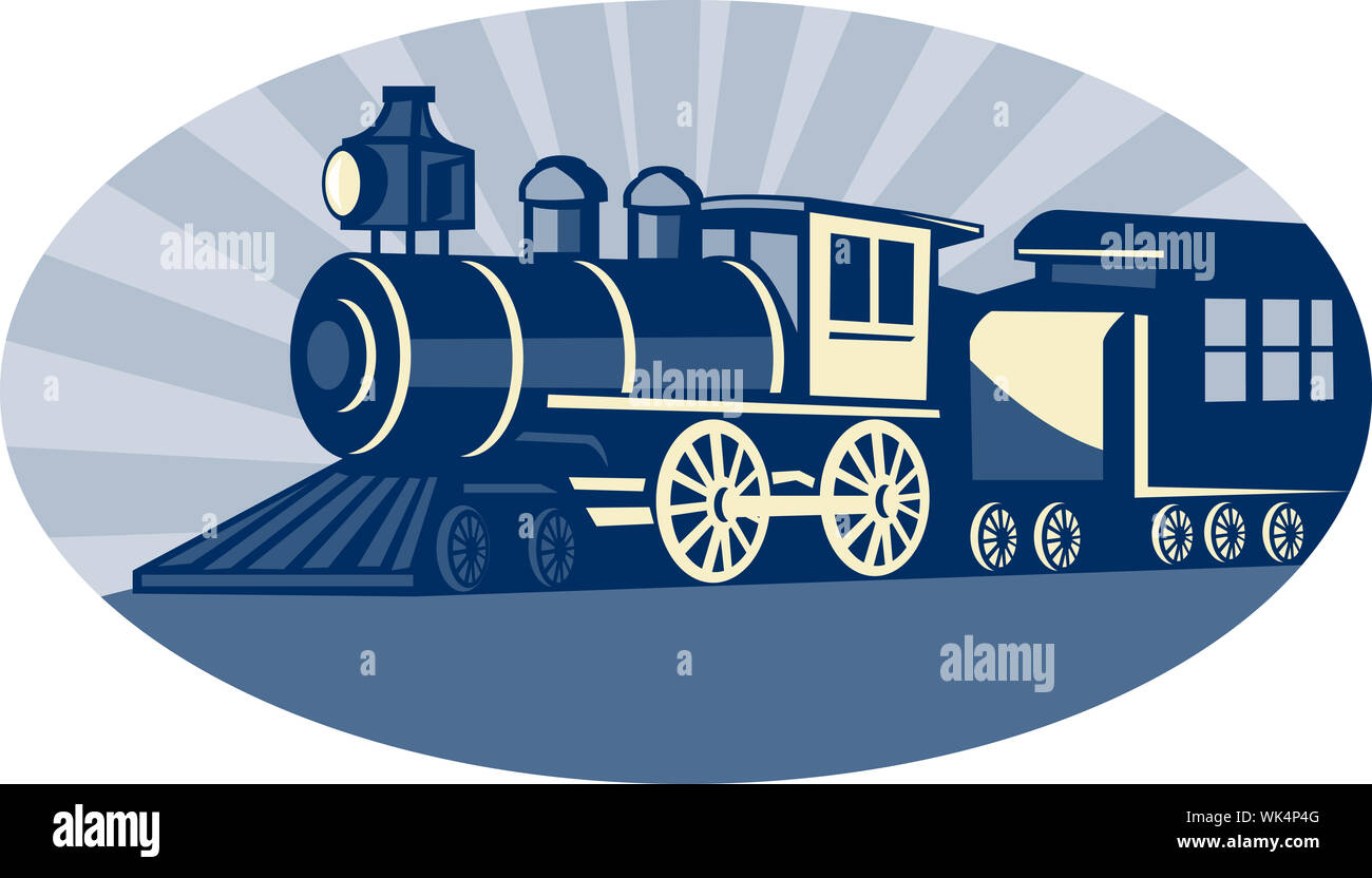 illustration of a Steam train or locomotive side view set inside an oval Stock Photo