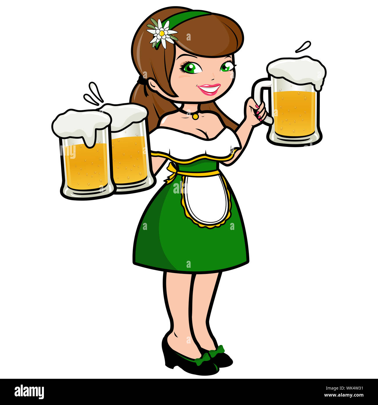 Illustration of a beautiful waitress holding cold glasses of beer at Oktoberfest. Stock Photo