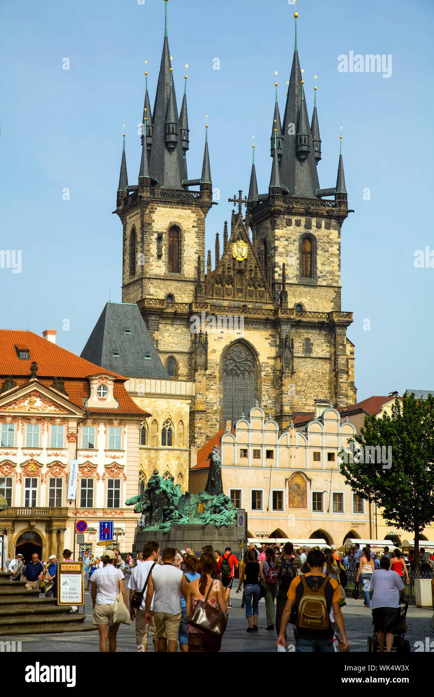 The Old Town Square (Staromestske Namesti) with the spires of Tyn church in the background. Prague Czech Republic. Stock Photo