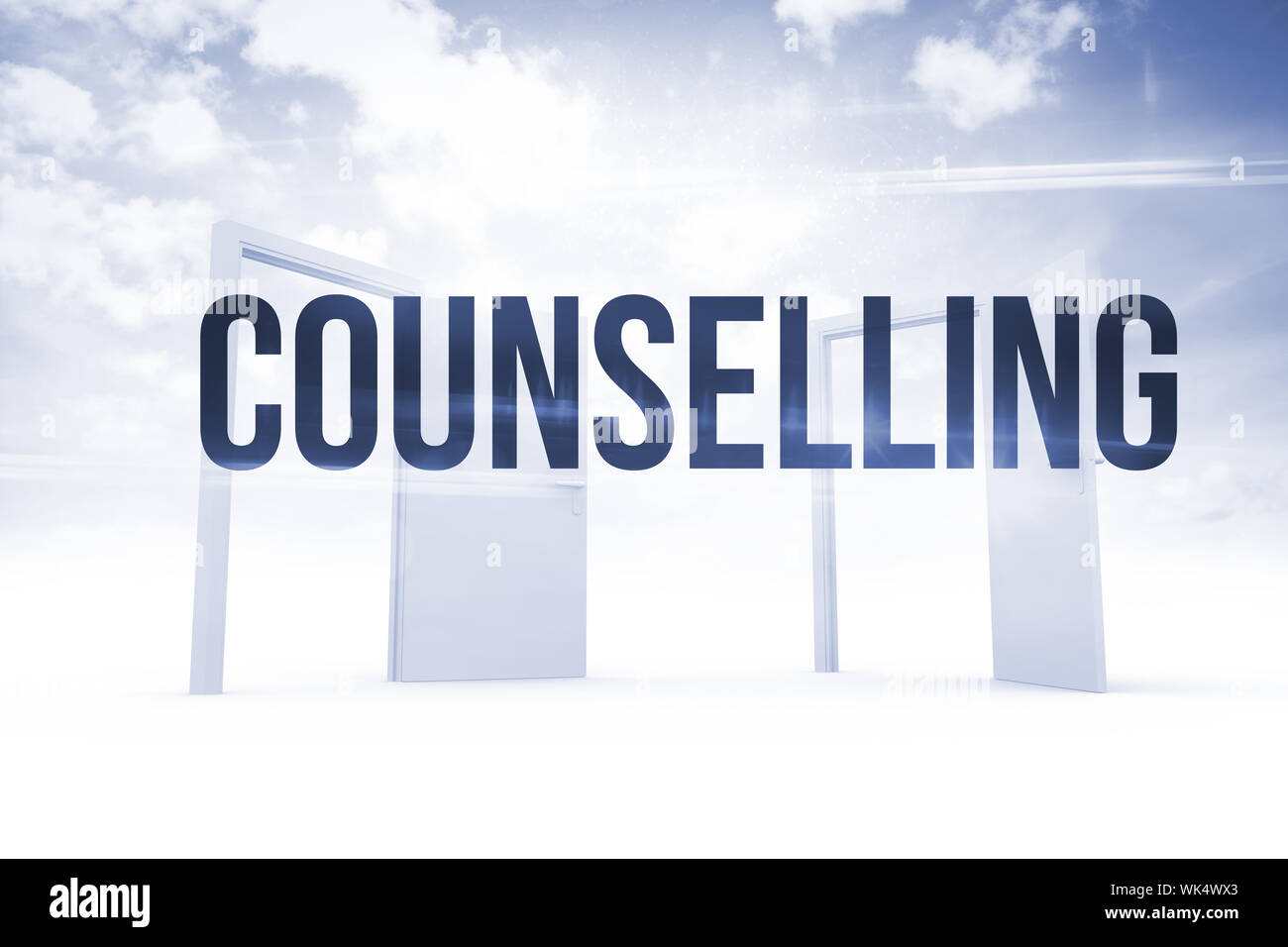 The word counselling against opening doors in sky Stock Photo