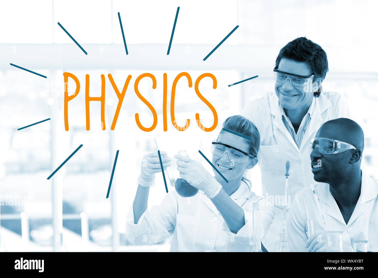 The word physics against scientists working in laboratory Stock Photo
