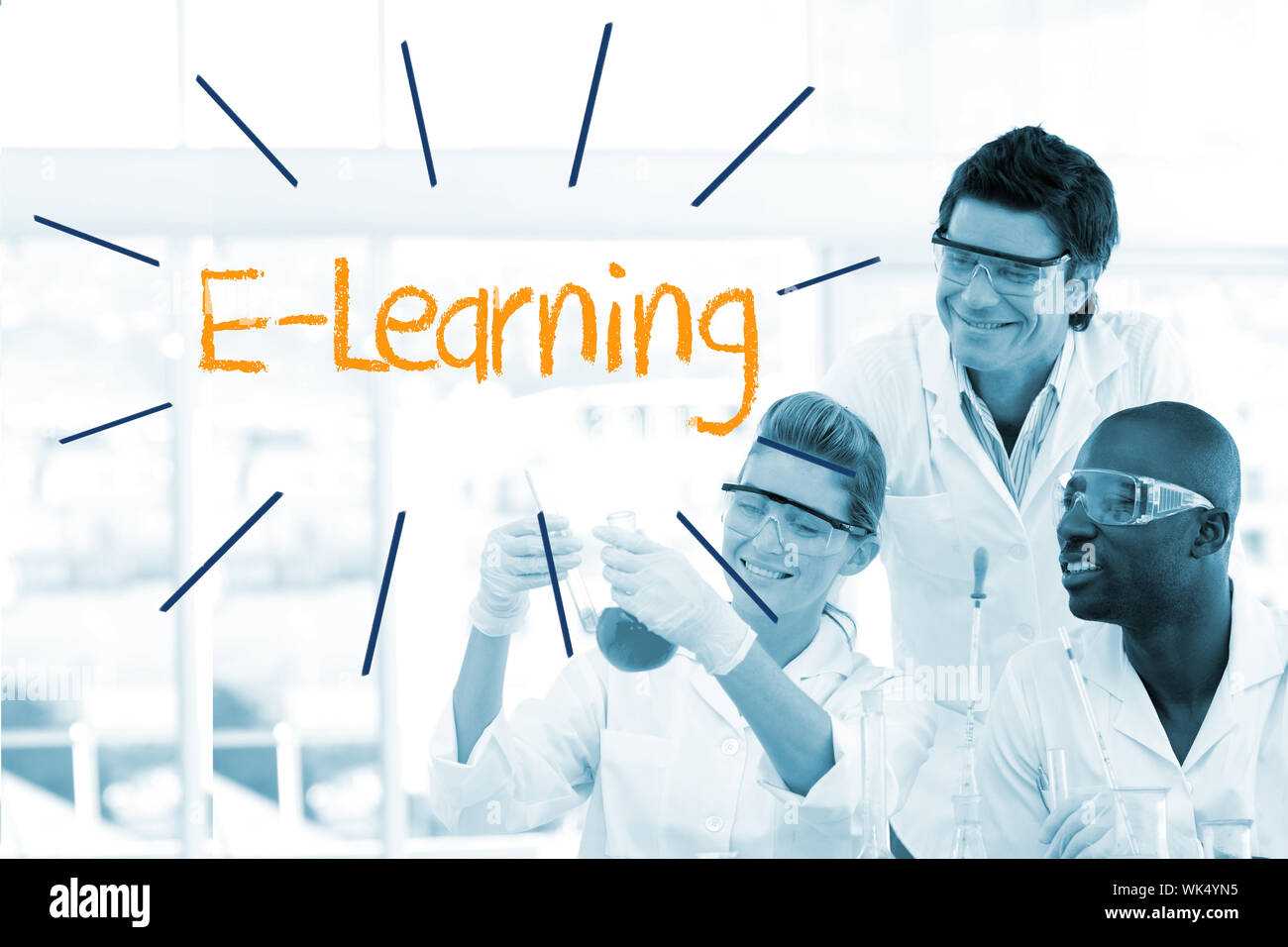 The word e-learning against scientists working in laboratory Stock Photo