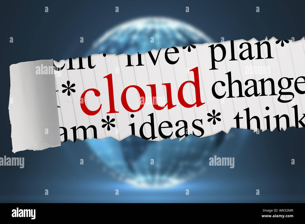 The word cloud against glowing sphere on black background Stock Photo