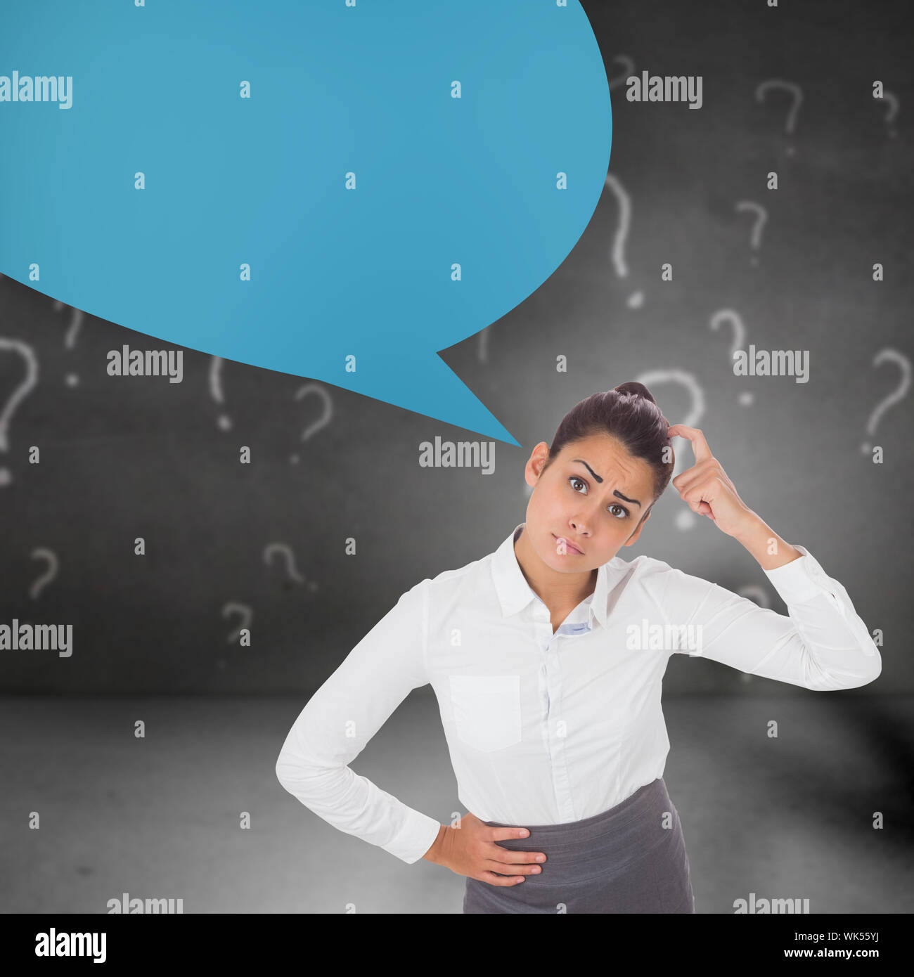 Worried businesswoman against speech bubble Stock Photo