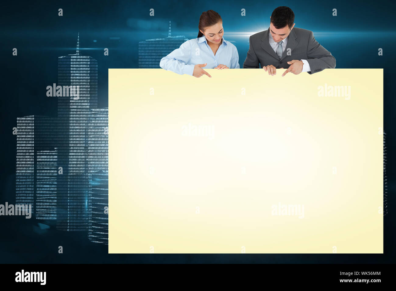 Composite image of business partners showing yellow card Stock Photo ...