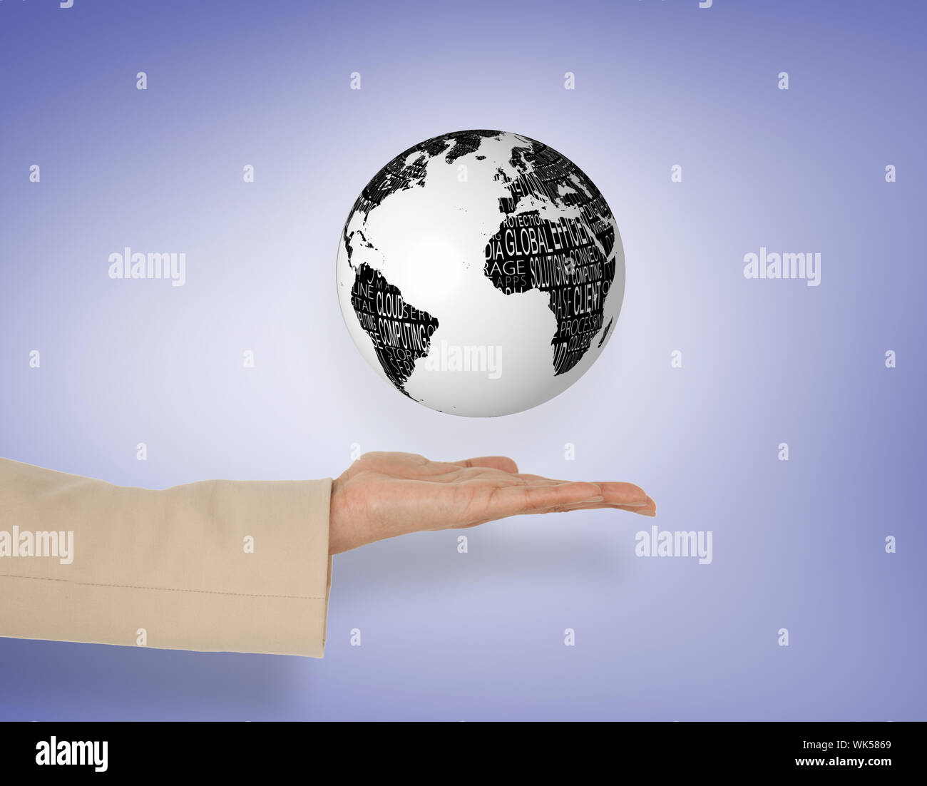 Female hand presenting globe against purple vignette Stock Photo