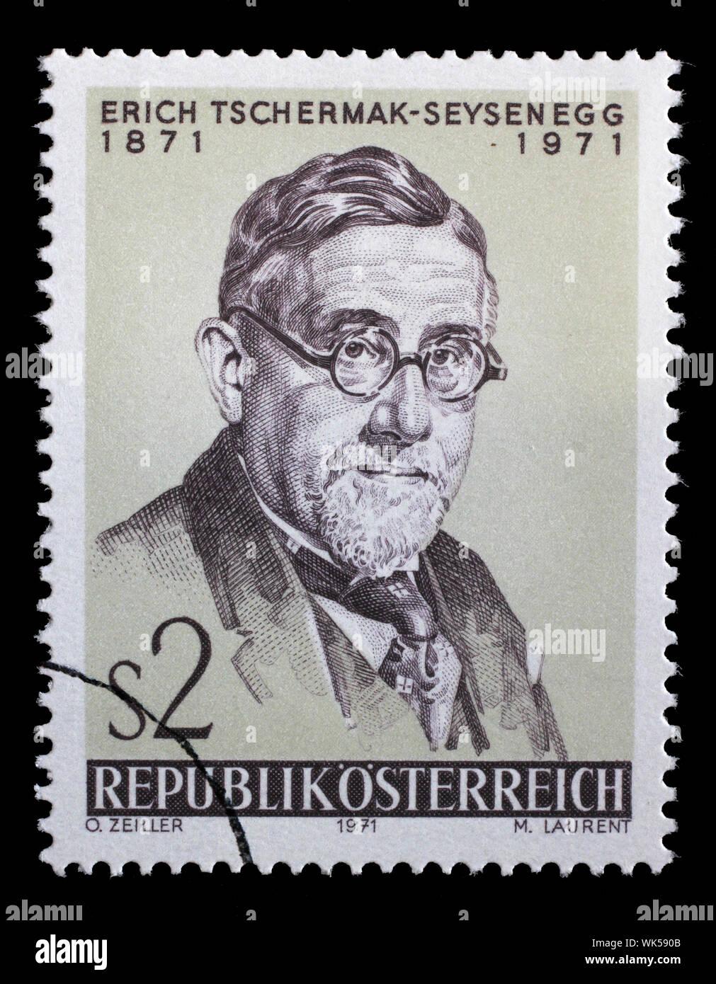 Stamp issued in the Austria shows Dr. Erich Tschermak-Seyseneggs, botanist, the 100th Anniversary of the Birth, circa 1971. Stock Photo