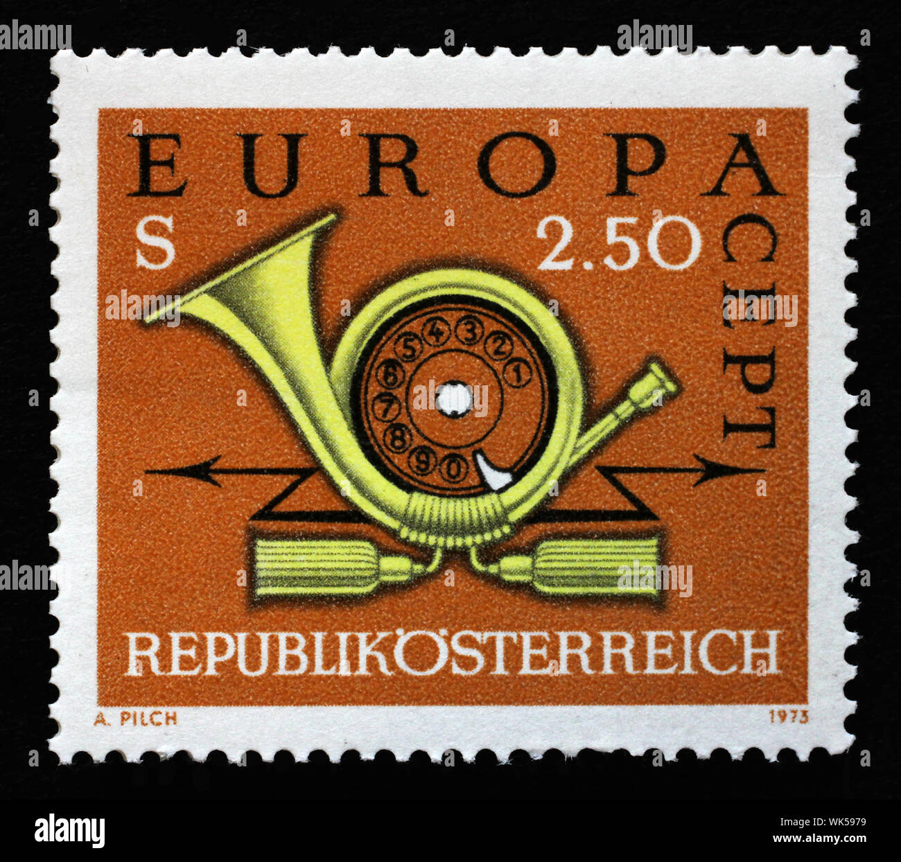 Stamp printed in Austria, shows the Post Horn and Telephone, circa 1973. Stock Photo