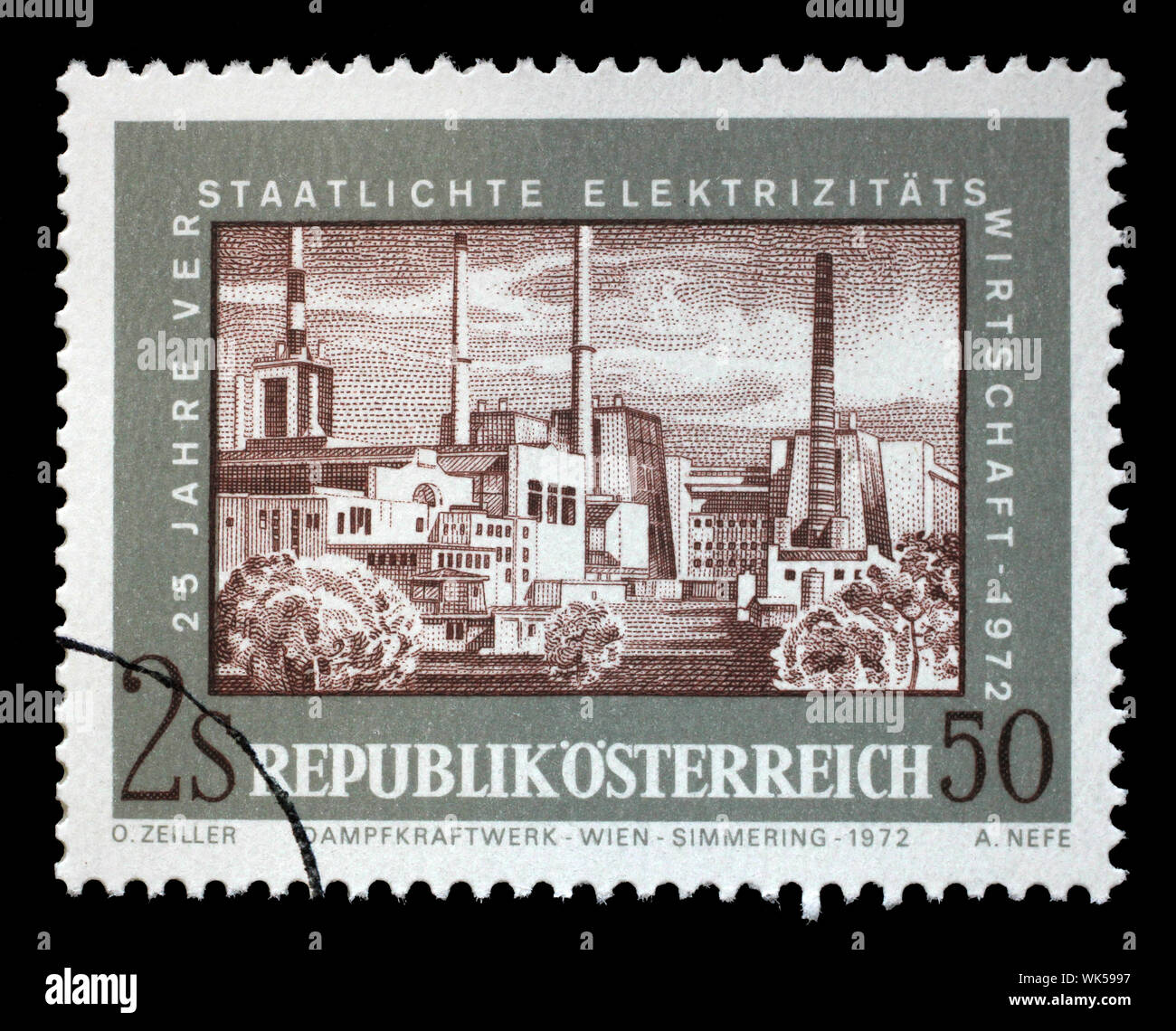 Stamp issued in the Austria shows Steam Power Plant Vienna, the 25th Anniversary of Nationalized Electricity, circa 1972. Stock Photo