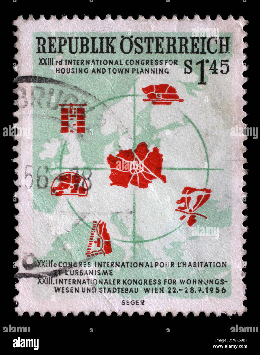 Stamp issued in the Austria shows Map of Europe with city contours, the 23rd International Congress of Urban Planning, Vienna, circa 1956. Stock Photo