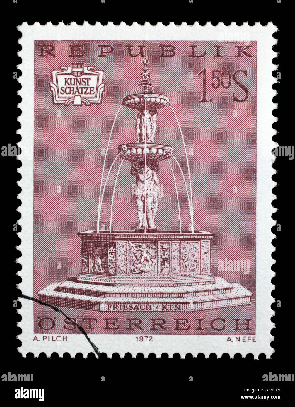 Stamp issued in the Austria shows  Fountain in Friesach (Karnten), Art Treasures in Austria, circa 1972. Stock Photo