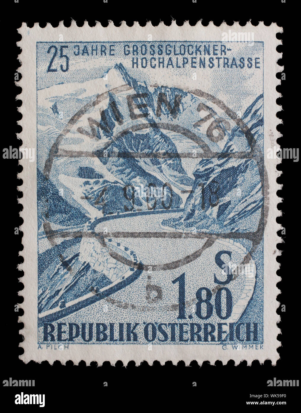 Stamp issued in the Austria shows the 25th Anniversary of the Opening of Großglockner Hochalpenstraße, circa 1960. Stock Photo