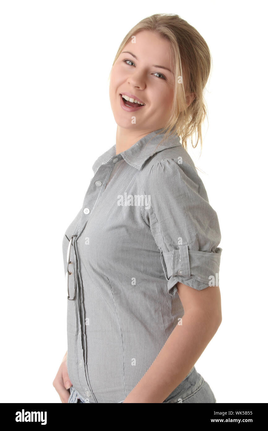 Closeup portrait of a happy young woman isolated on white background ...