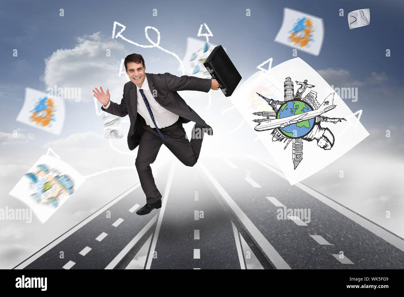 Smiling businessman in a hurry against arrows on sky background with streets Stock Photo