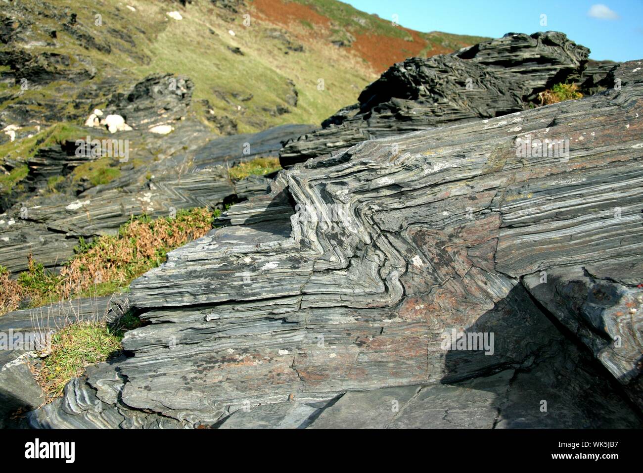High Angle View Of Natural Patterns On Rock Formation At Cornwall Stock Photo